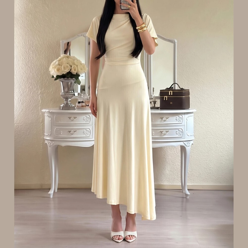 Cream Knit Draped Mock Neck Short Sleeve Flowy A-Line Maxi Dress